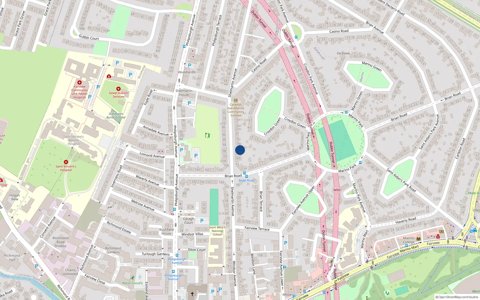 Overhead map showing the location of 83 Shelmartin Avenue, Dublin 3