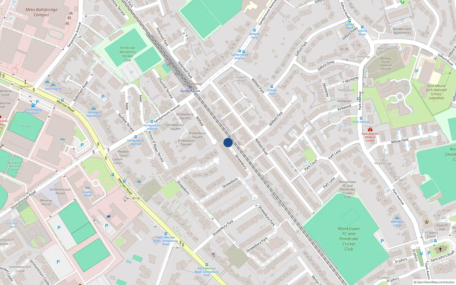 Overhead map showing the location of 83 Shrewsbury, Ballsbridge