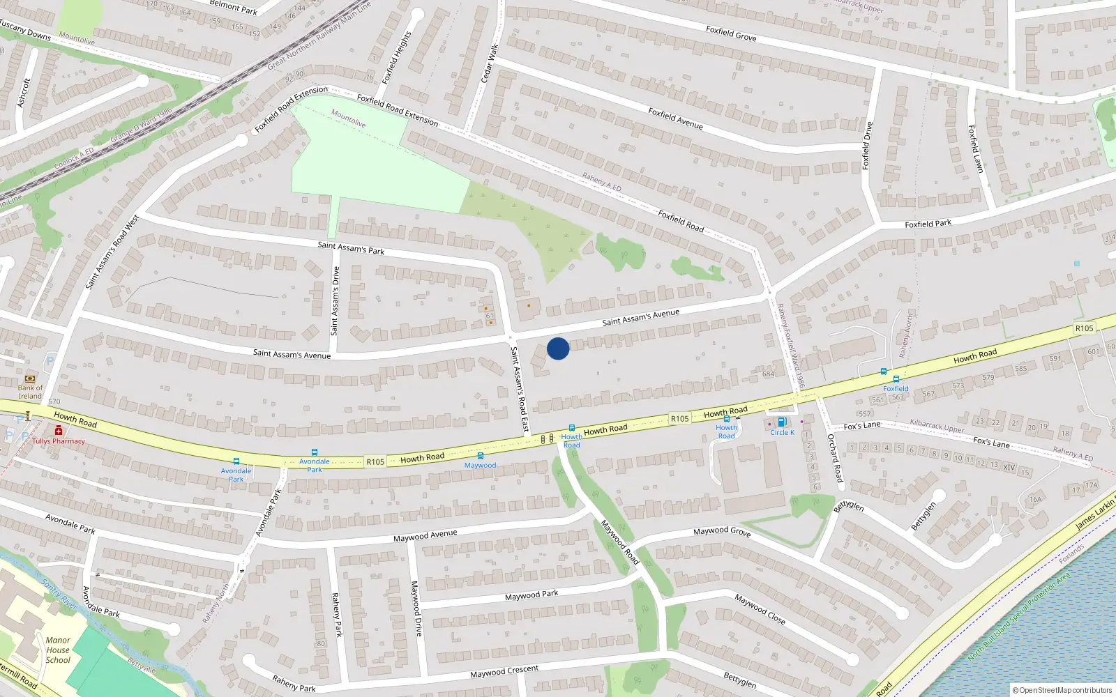 Overhead map showing the location of 83 St Assams Avenue, Raheny, Dublin 5
