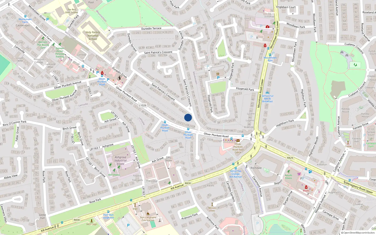 Overhead map showing the location of 83 St Patricks Crescent, Monkstown Farm, Glenageary