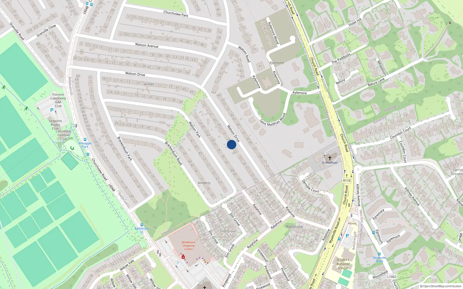 Overhead map showing the location of 83 Watson Drive, Killiney