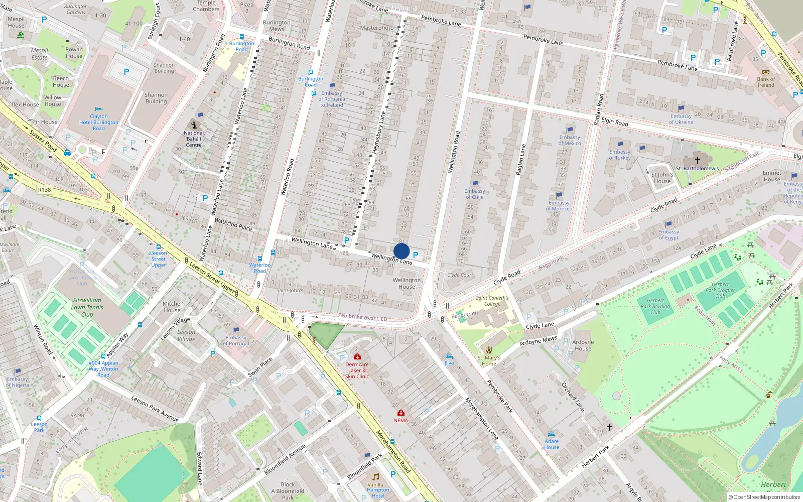 Overhead map showing the location of 83 Wellington Road, Dublin