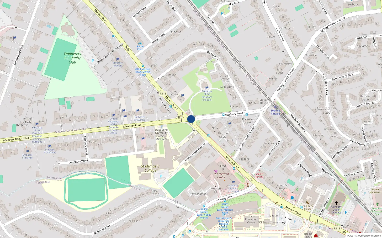 Overhead map showing the location of 84 Ailesbury Road, Merrion