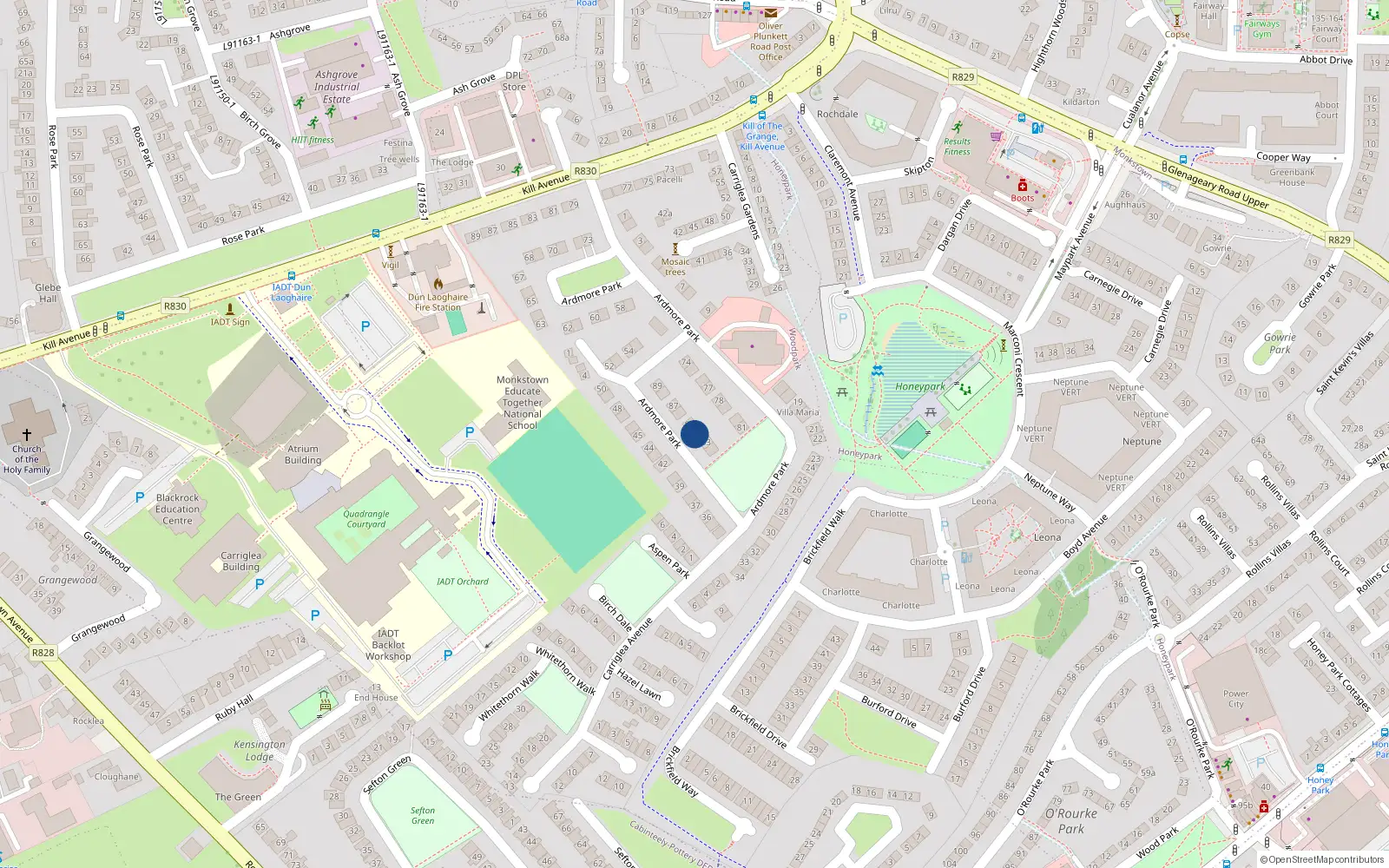 Overhead map showing the location of 84 Ardmore Park, Kill Avenue, Glenageary