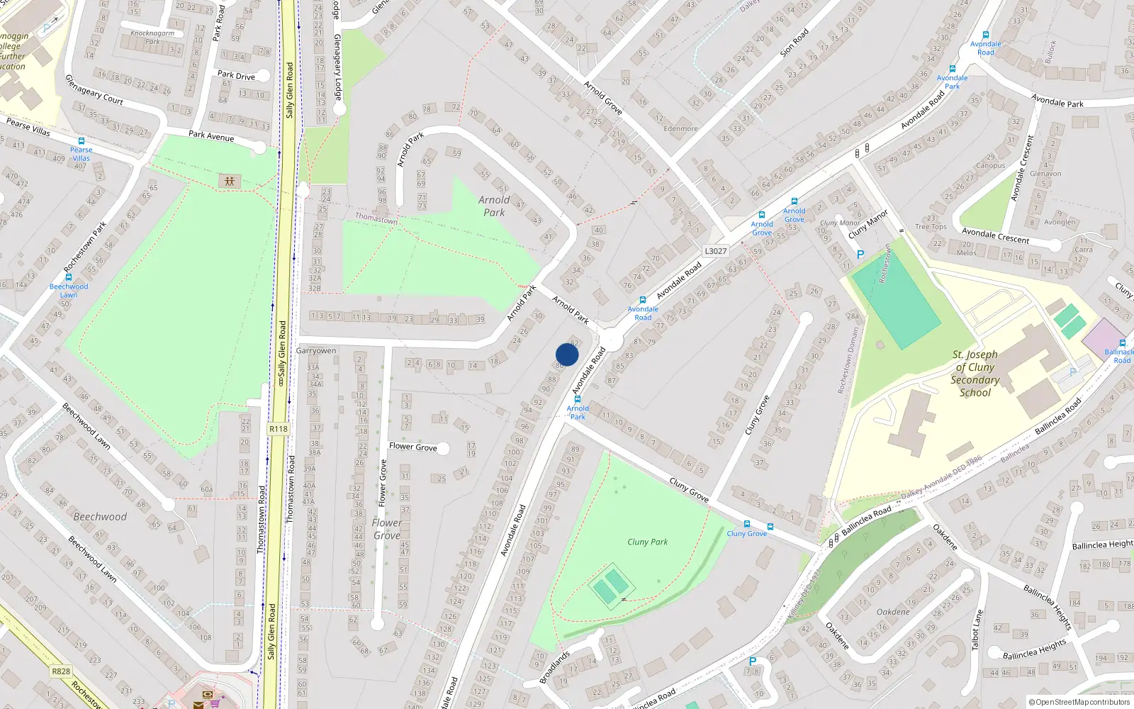 Overhead map showing the location of 84 Avondale Road, Killiney