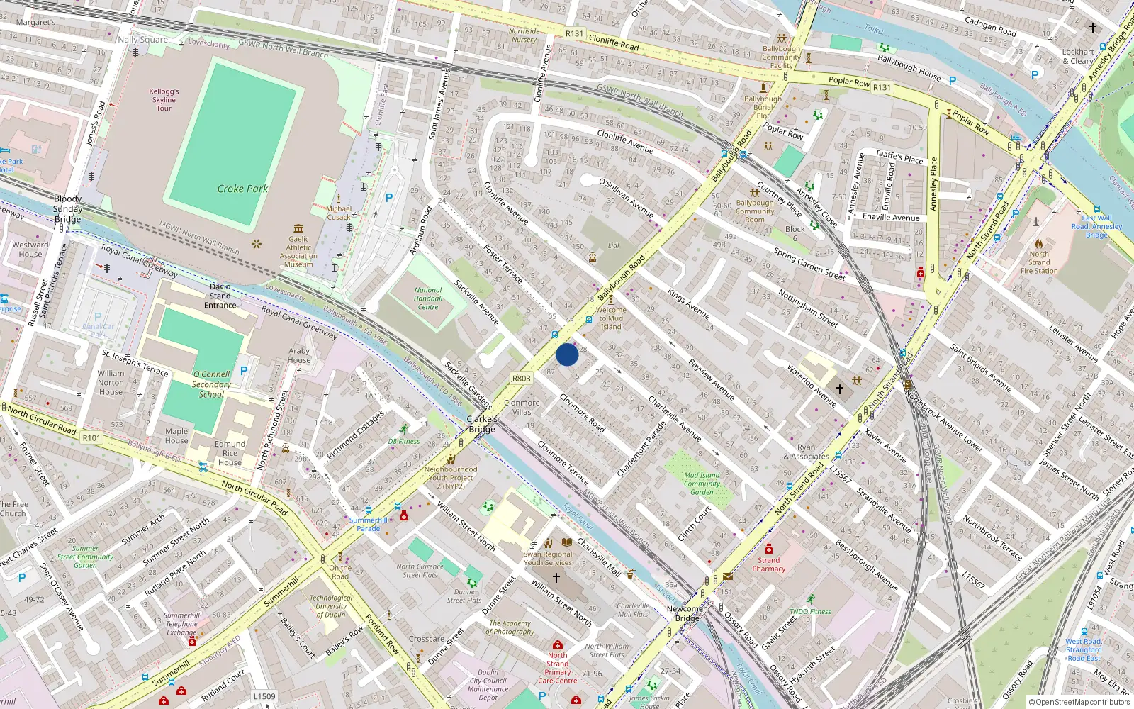 Overhead map showing the location of 84 Ballybough Road, Ballybough, Dublin 3