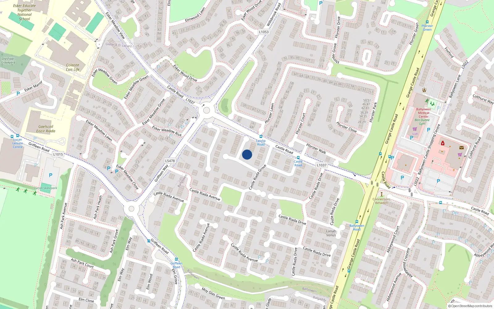 Overhead map showing the location of 84 Castle Riada Grove, Lucan
