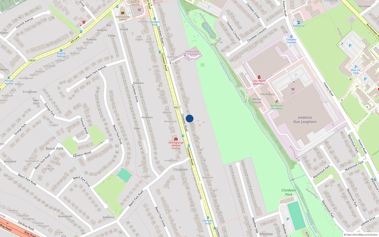 Overhead map showing the location of 84 Clonkeen Road, Deansgrange, Dublin