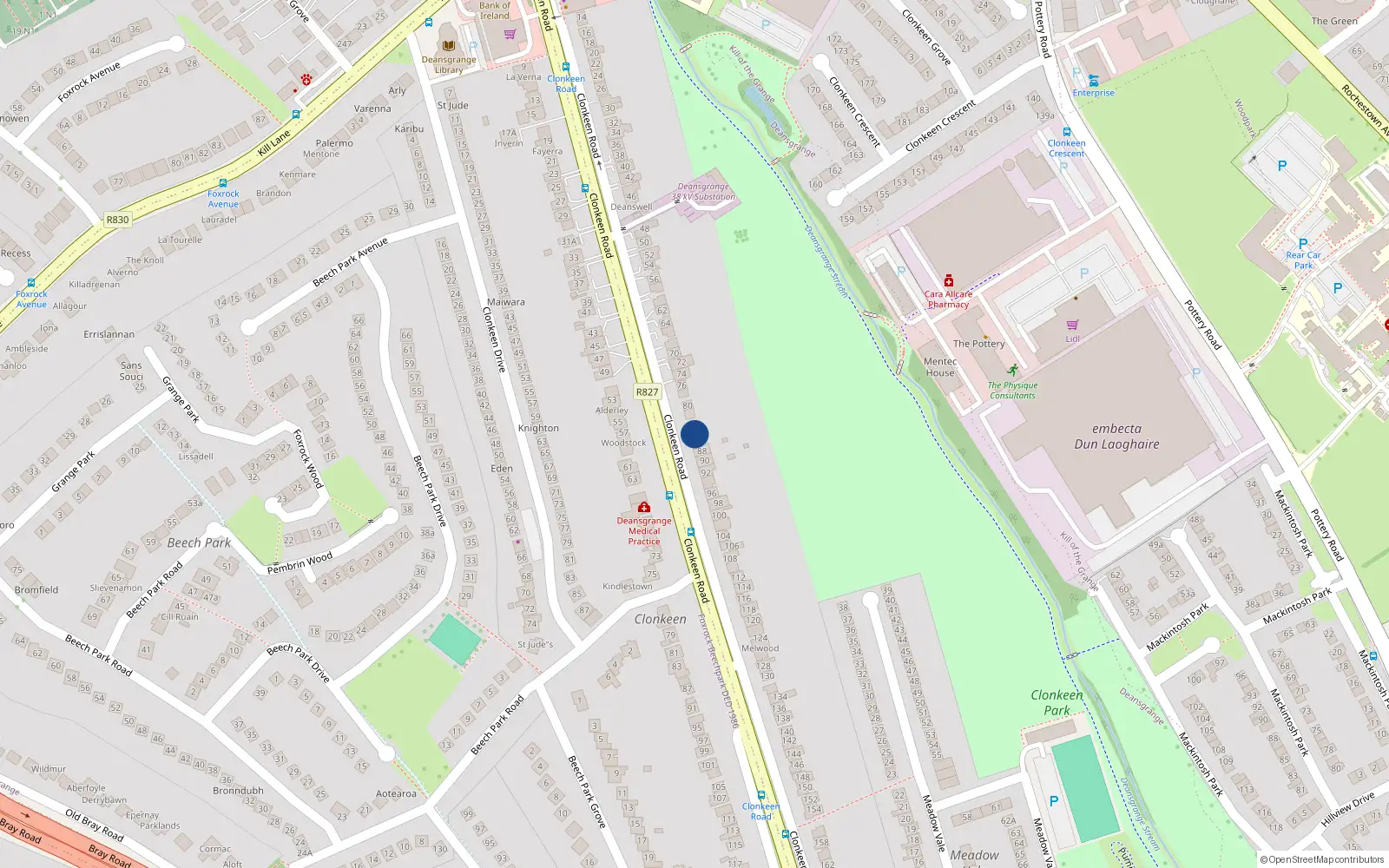 Overhead map showing the location of 84 Clonkeen Road, Blackrock