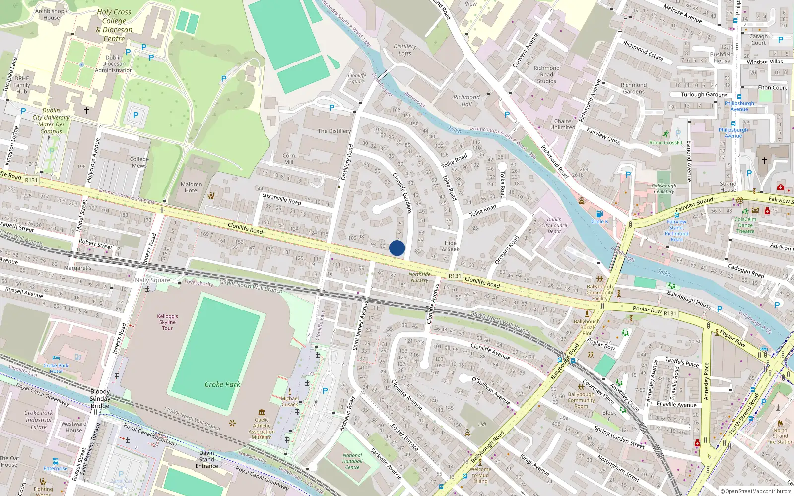 Overhead map showing the location of 84 Clonliffe Road, Clonliffe, Dublin 3