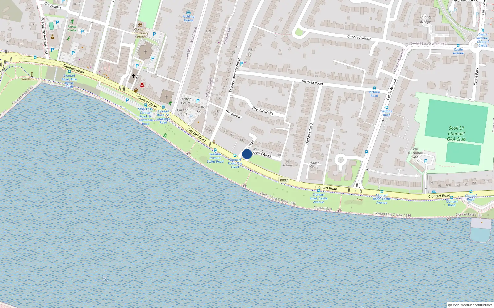 Overhead map showing the location of 84 Clontarf Road, Clontarf, Dublin 3