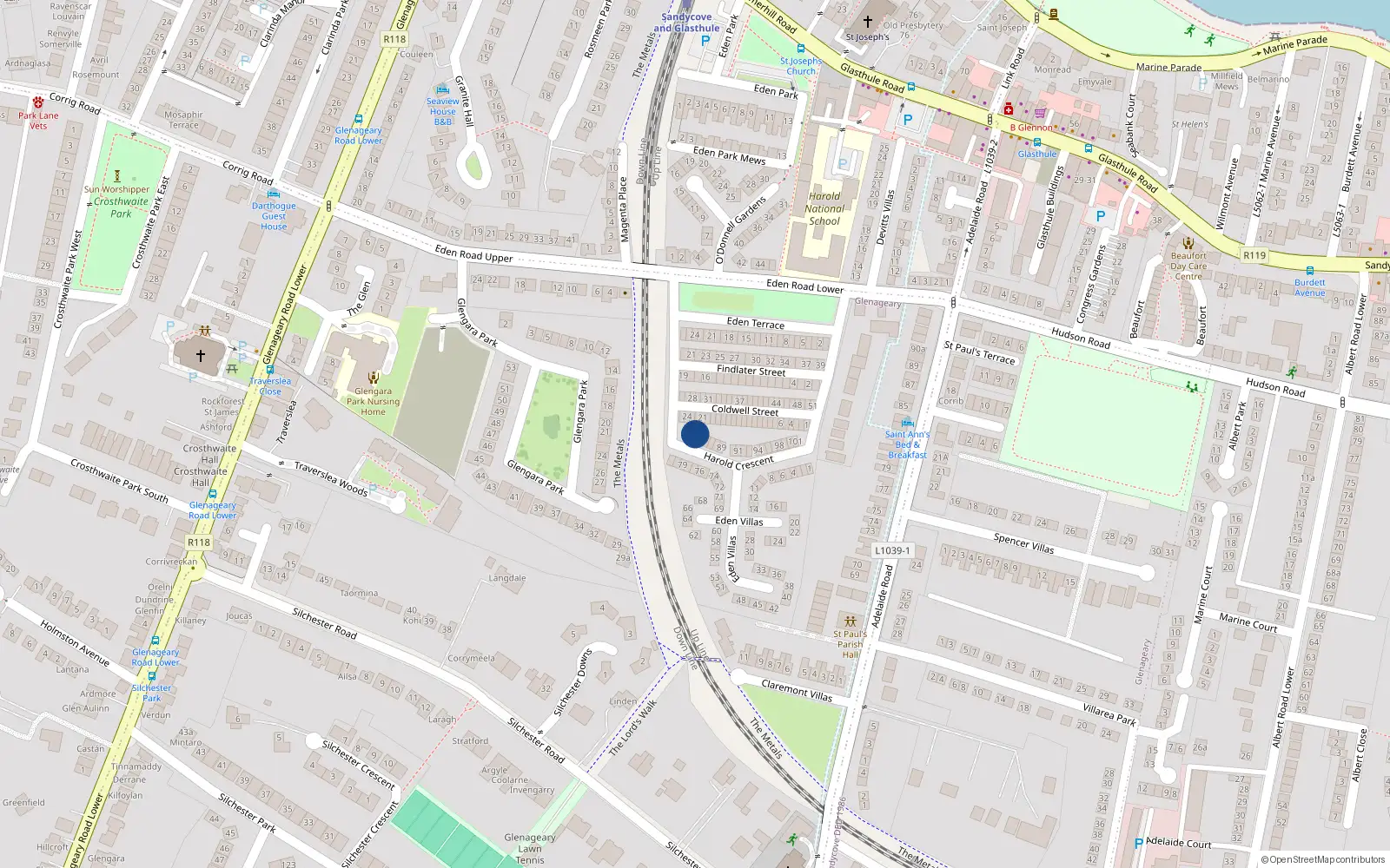 Overhead map showing the location of 84 Eden Villas, Glasthule, Dun Laoghaire