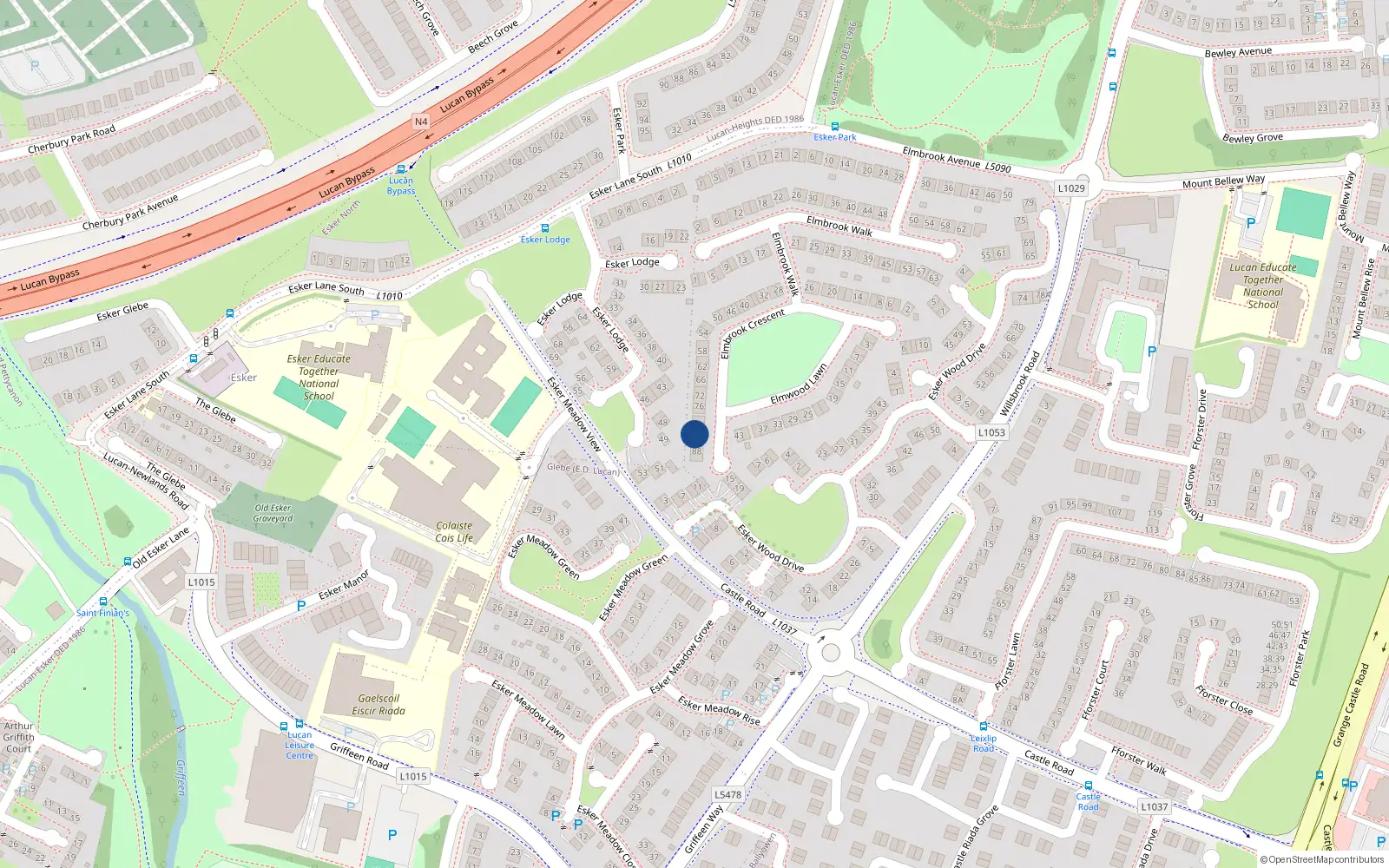 Overhead map showing the location of 84 Elmbrook Crescent, Lucan
