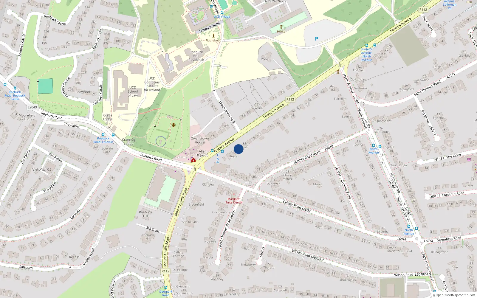 Overhead map showing the location of 84 Fosters Avenue, Mount Merrion, Dublin