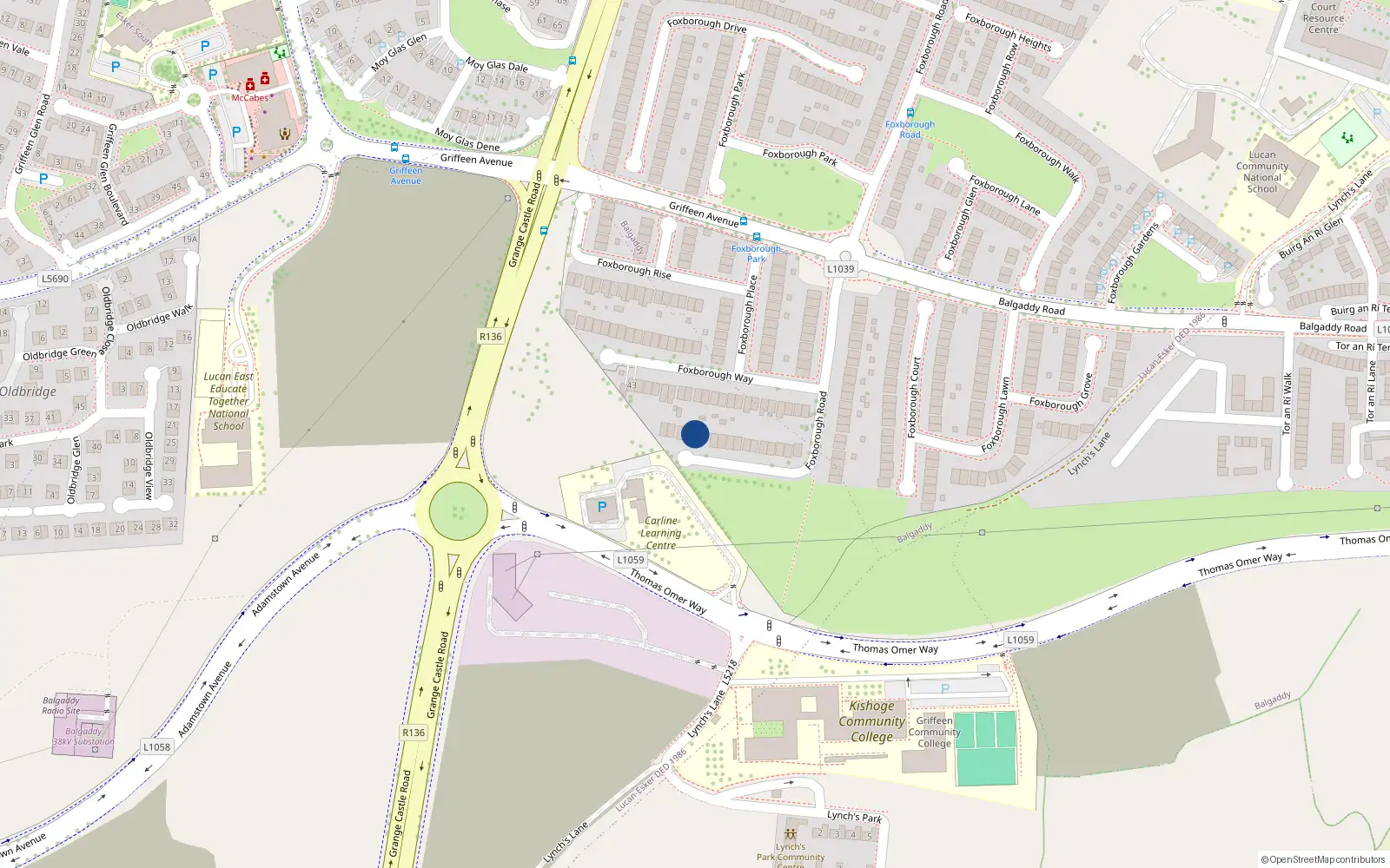 Overhead map showing the location of 84 Foxborough Road, Lucan