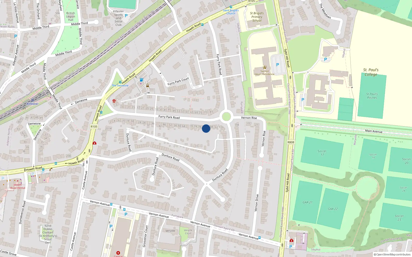 Overhead map showing the location of 84 Furry Park Road, Dublin 5