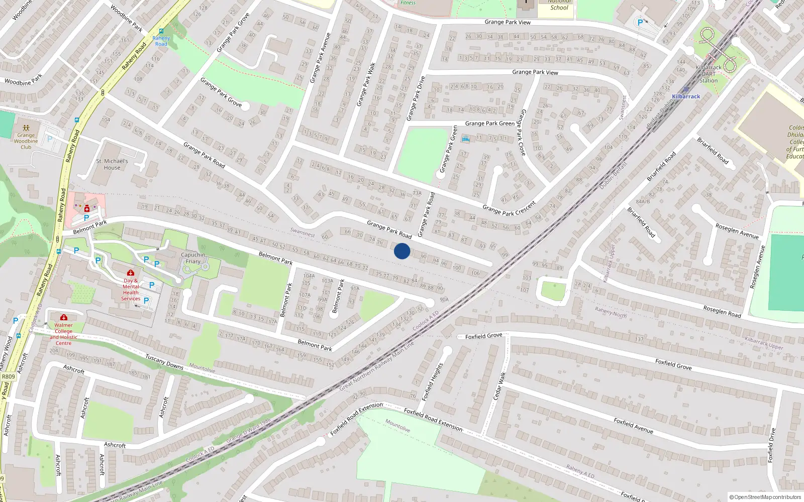 Overhead map showing the location of 84 Grange Park Road, Raheny, Dublin 5