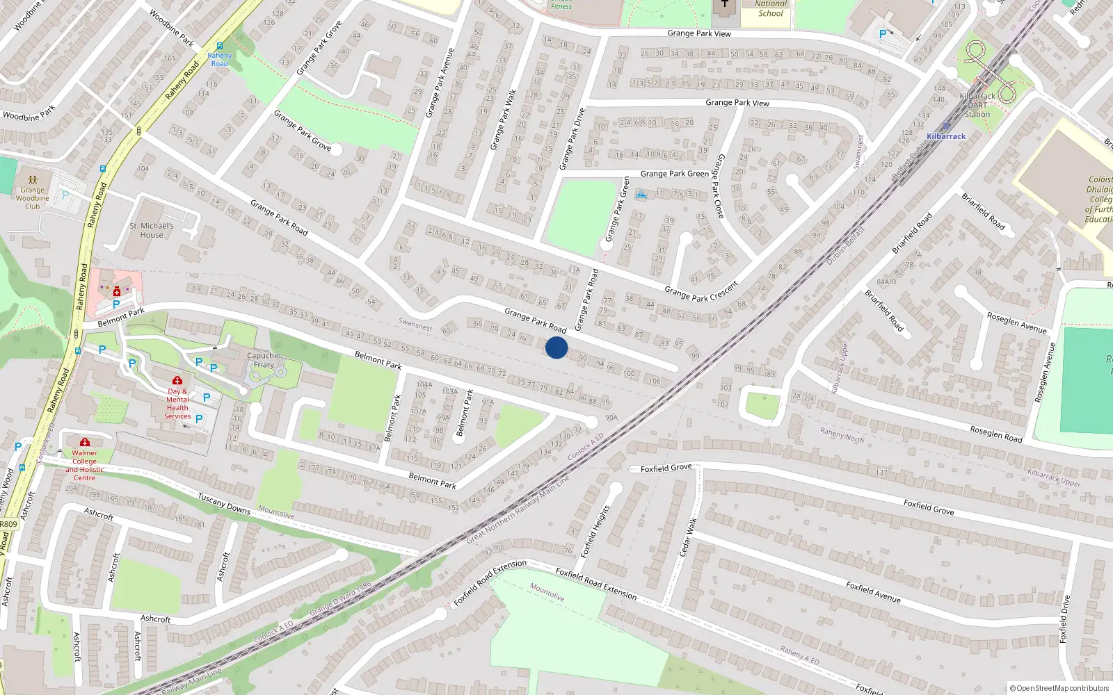 Overhead map showing the location of 84 Grange Park Road, Dublin 5