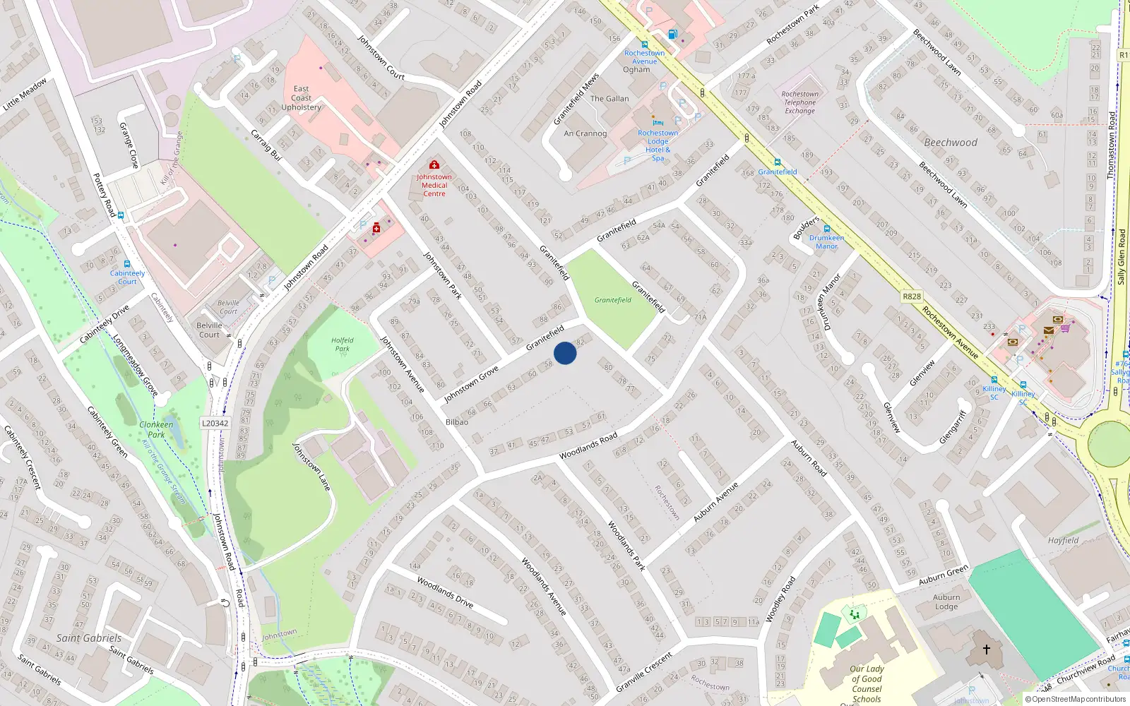 Overhead map showing the location of 84 Granitefield, Rochestown Avenue, Dun Laoghaire