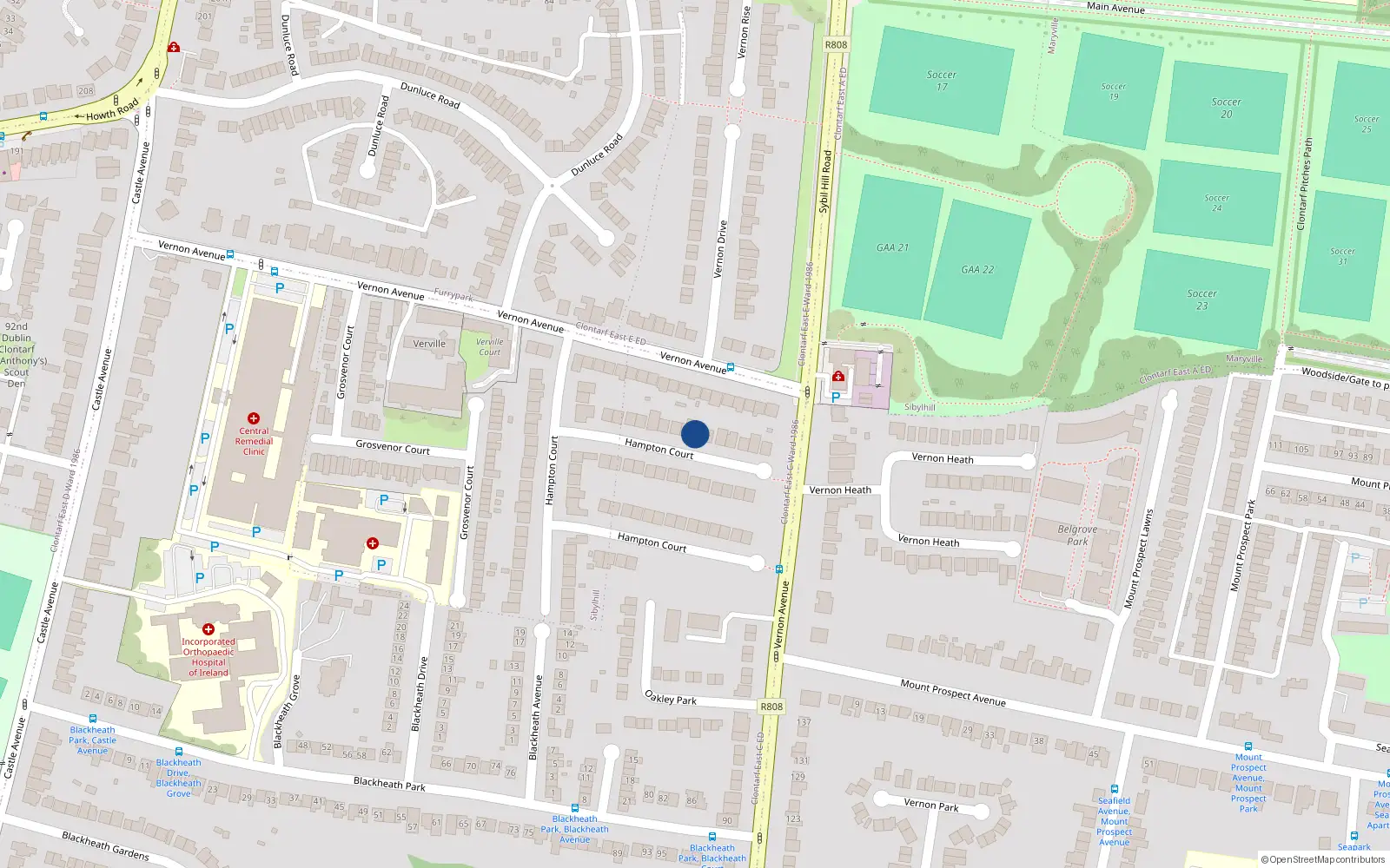 Overhead map showing the location of 84 Hampton Court, Clontarf, Dublin 3