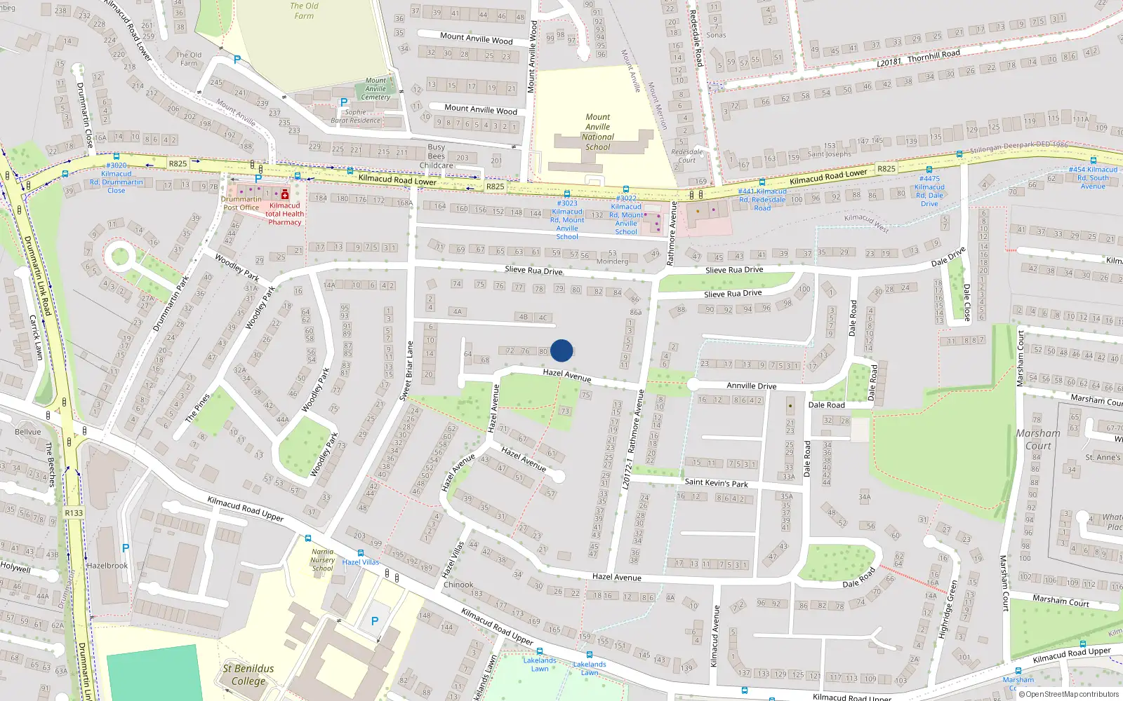 Overhead map showing the location of 84 Hazel Avenue, Stillorgan, Dublin