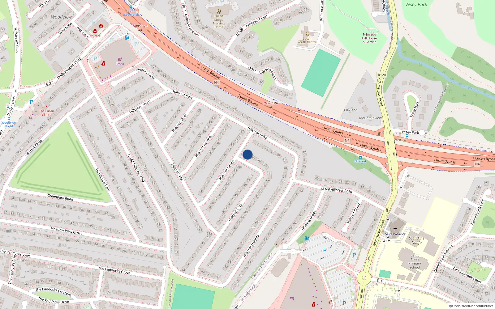 Overhead map showing the location of 84 Hillcrest Park, Lucan
