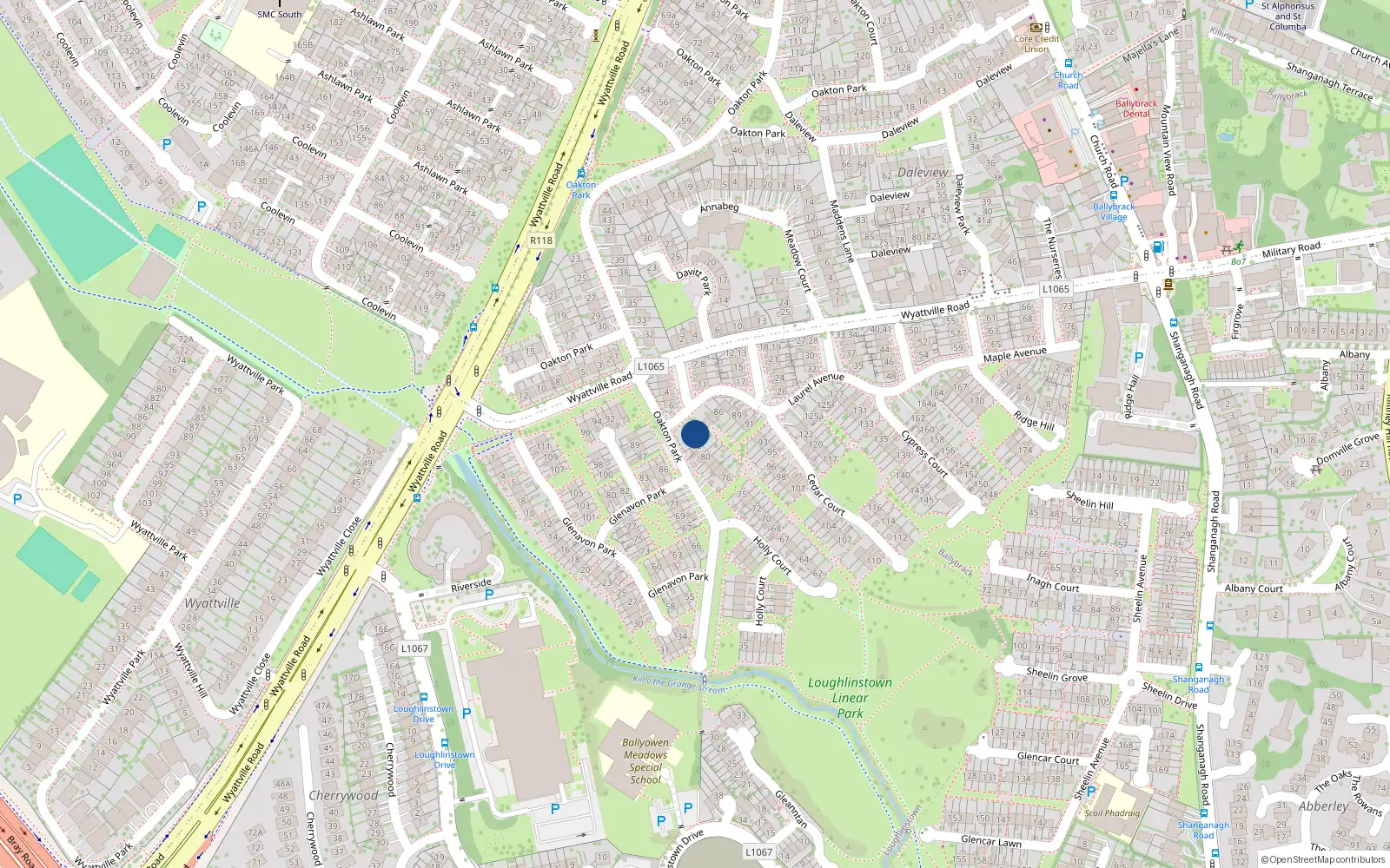 Overhead map showing the location of 84 Holly Court, Ballybrack, Dublin