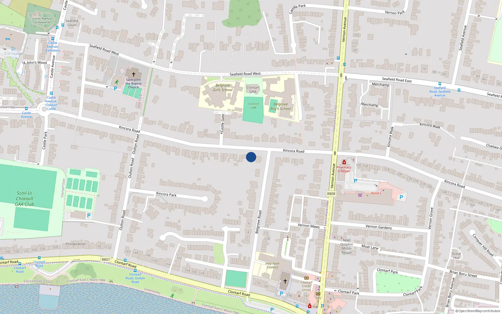 Overhead map showing the location of 84 Kincora Road, Clontarf, Dublin 3