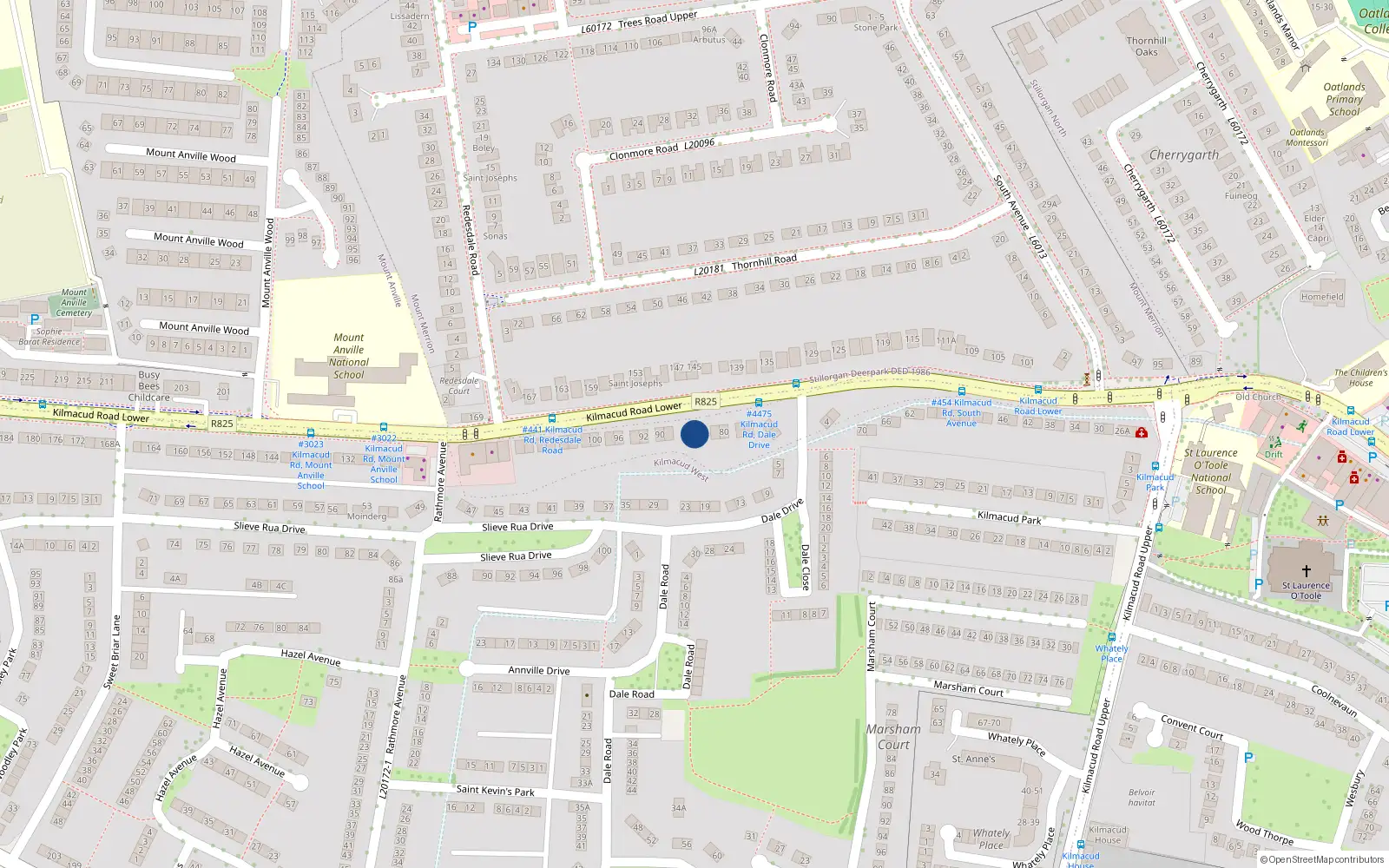 Overhead map showing the location of 84 Lower Kilmacud Road, Dublin