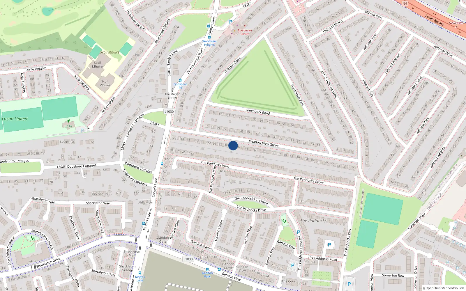 Overhead map showing the location of 84 Meadowview Grove, Lucan
