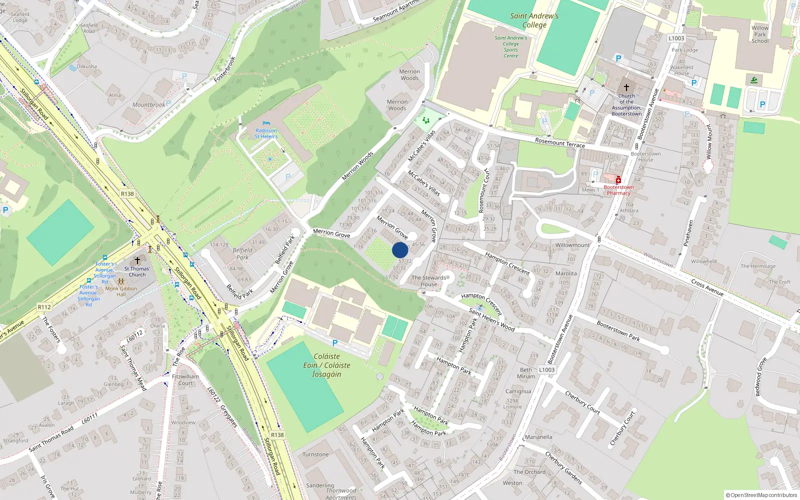 Overhead map showing the location of 84 Merrion Grove, Blackrock, Dublin