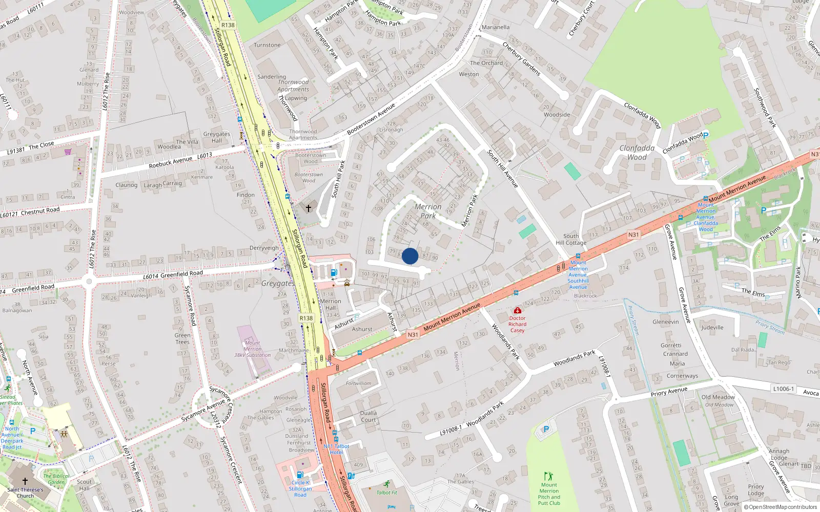 Overhead map showing the location of 84 Merrion Park, Blackrock