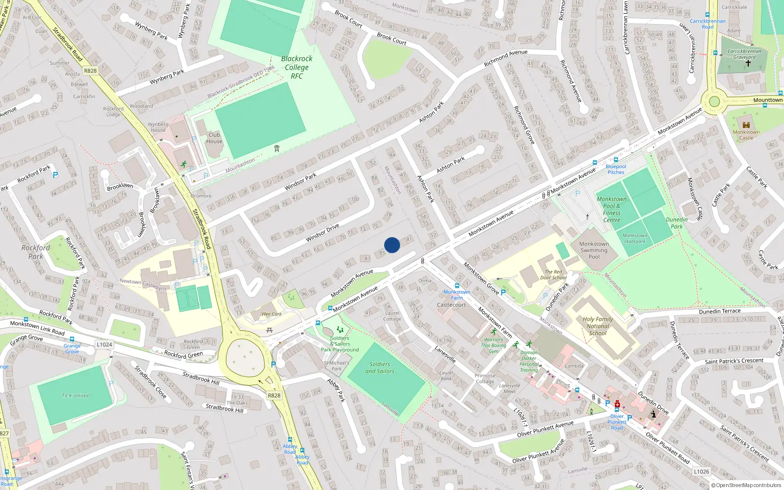 Overhead map showing the location of 84 Monkstown Avenue, Monkstown