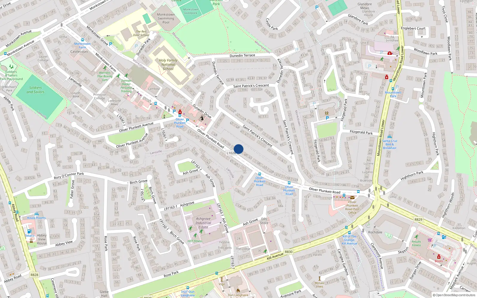 Overhead map showing the location of 84 Oliver Plunkett Road, Dublin