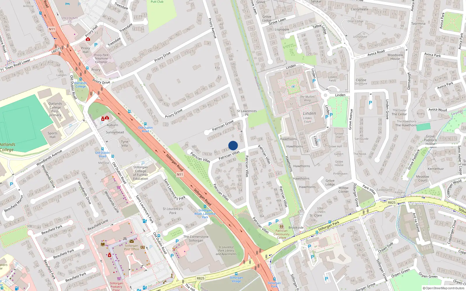 Overhead map showing the location of 84 Patrician Villas, Stillorgan, Dublin
