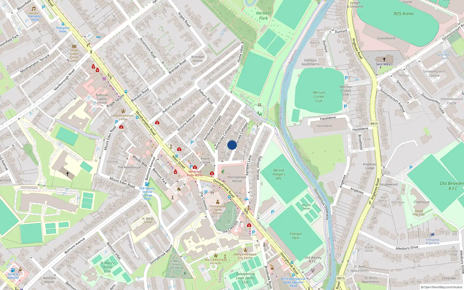 Overhead map showing the location of 84 Pembroke Cottages, Dublin 4