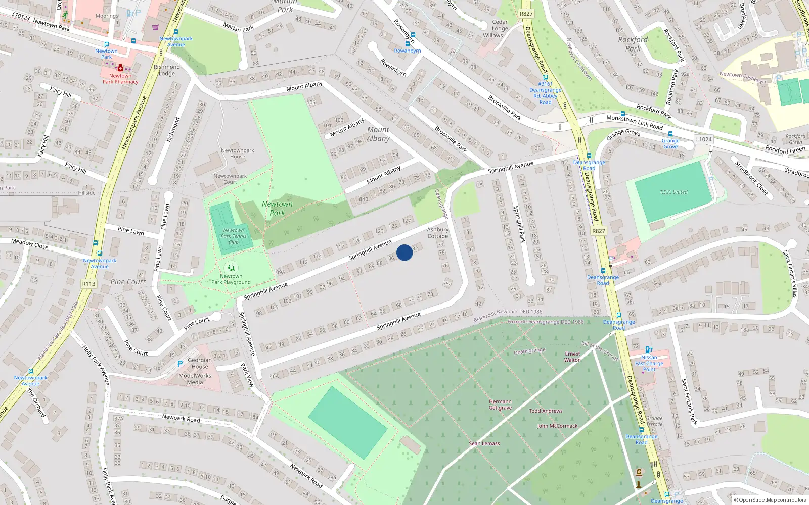 Overhead map showing the location of 84 Springhill Avenue, Blackrock