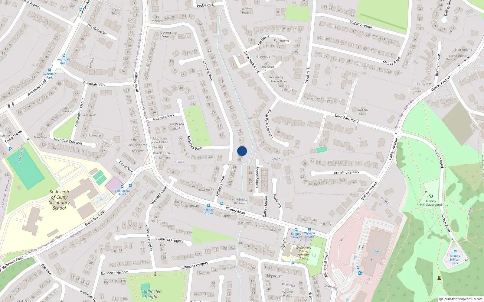 Overhead map showing the location of 84 Springhill Park, Dalkey