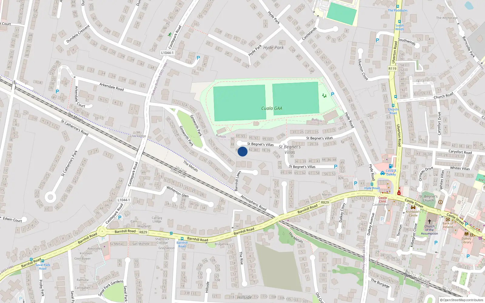 Overhead map showing the location of 84 Saint Begnet's Villas, Dalkey
