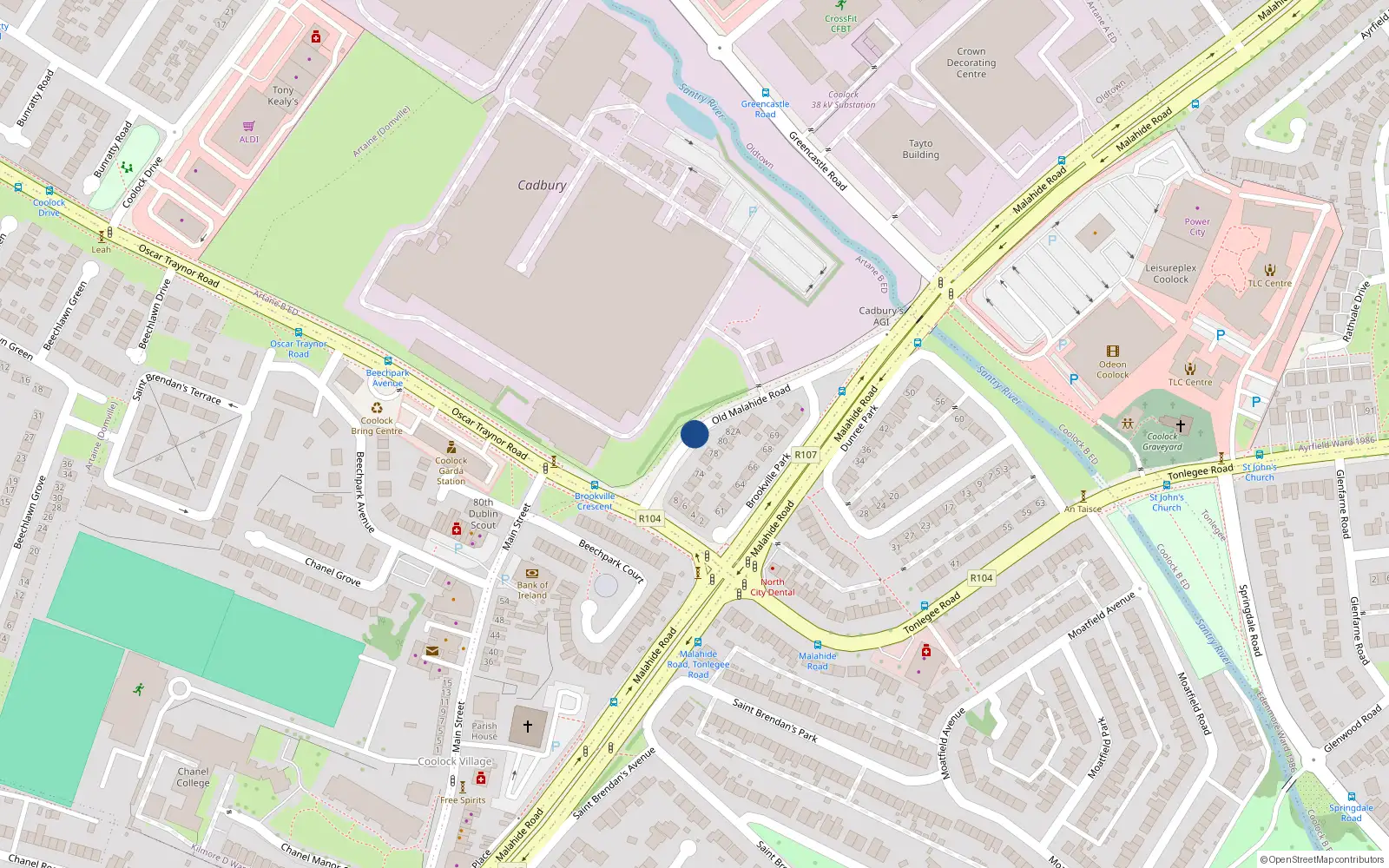 Overhead map showing the location of 84 Malahide Road, Dublin 5