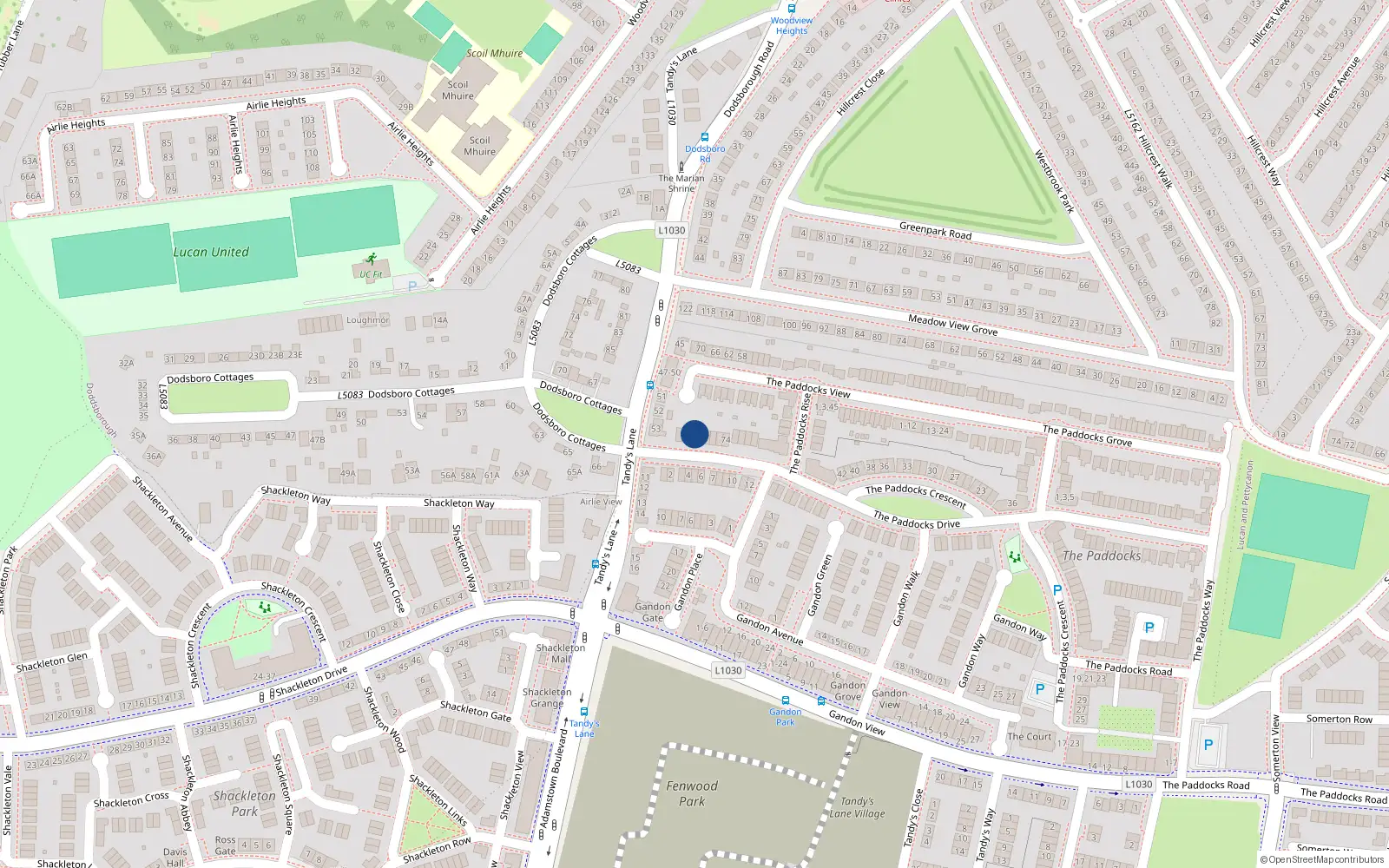 Overhead map showing the location of 84 The Paddocks Drive, Lucan