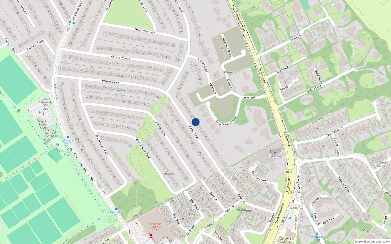 Overhead map showing the location of 84 Watson Drive, Killiney