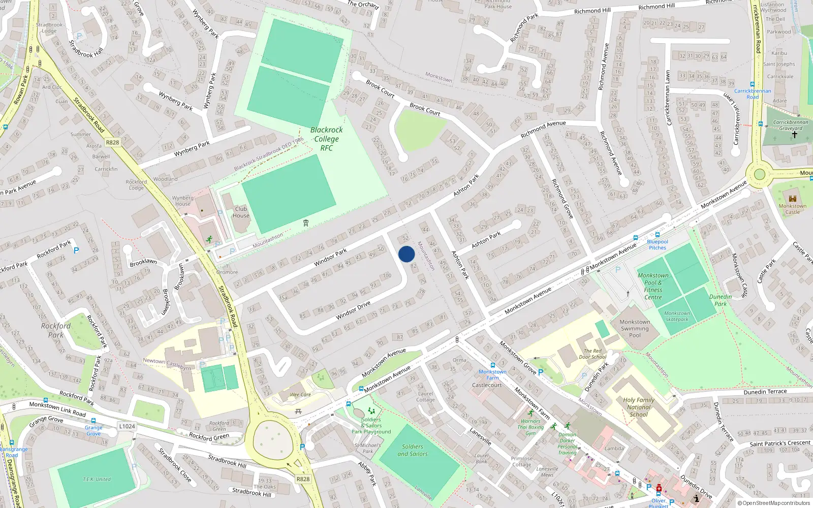 Overhead map showing the location of 84 Windsor Drive, Monkstown, Dublin