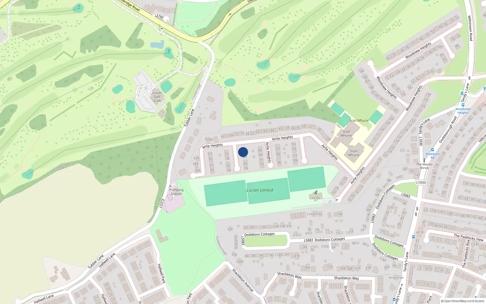Overhead map showing the location of 85 Airlie Heights, Lucan, Dublin