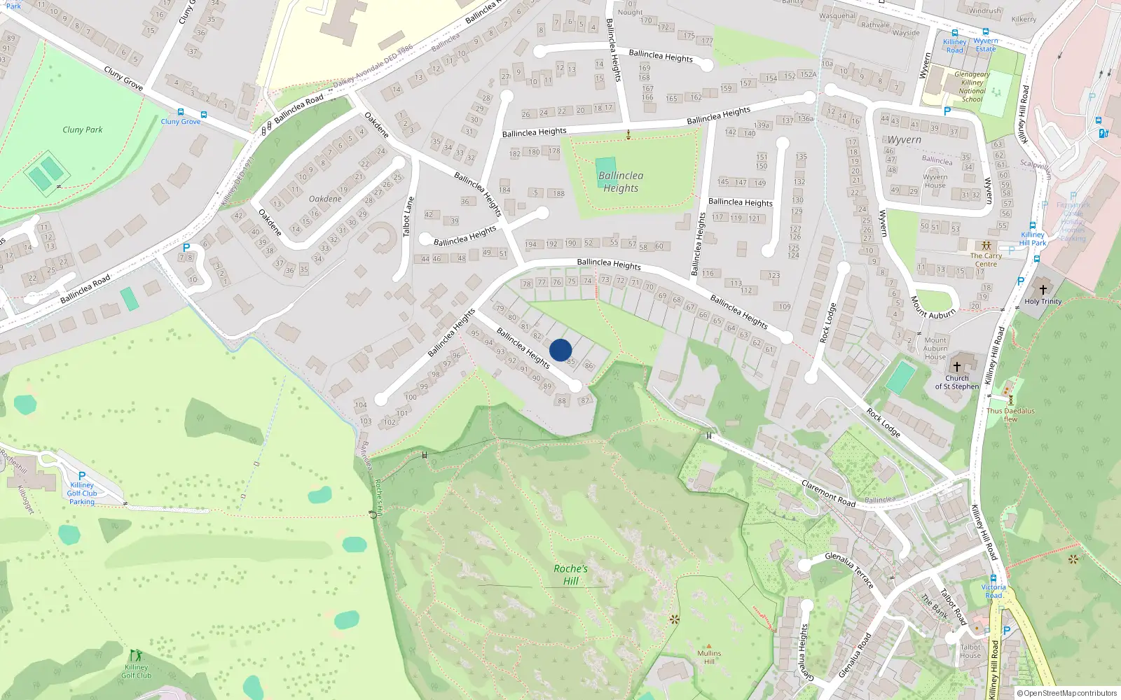 Overhead map showing the location of 85 Ballinclea Heights, Killiney