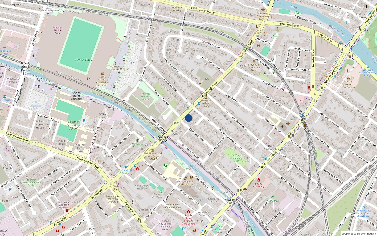 Overhead map showing the location of 85 Ballybough Road, Dublin 3
