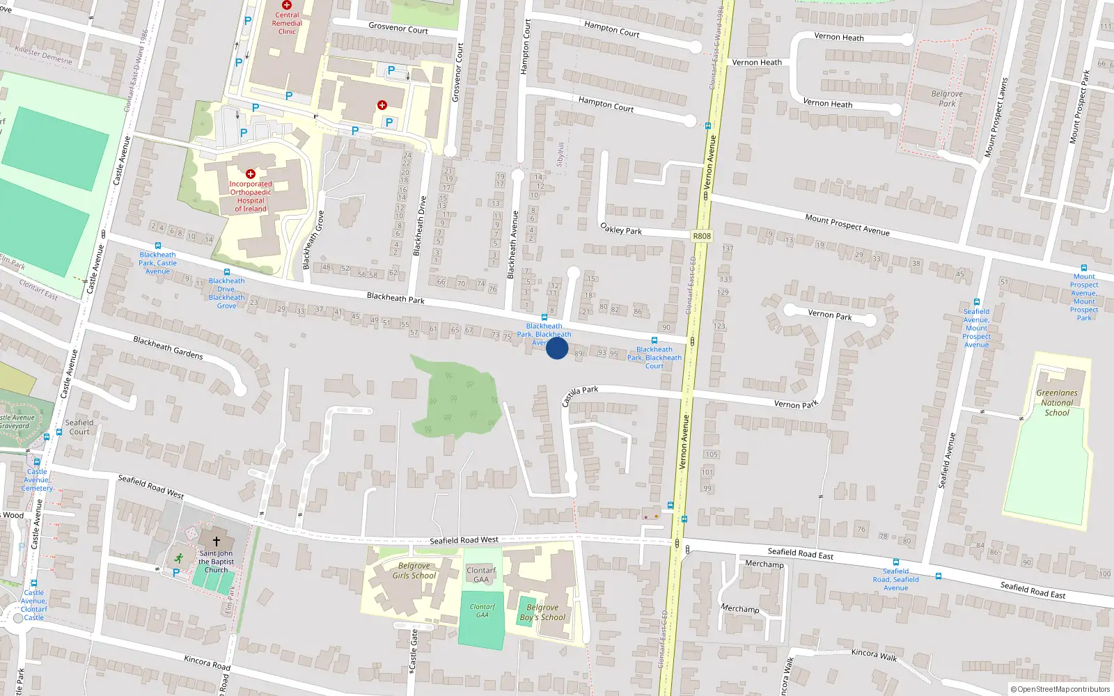 Overhead map showing the location of 85 Blackheath Park, Clontarf, Dublin