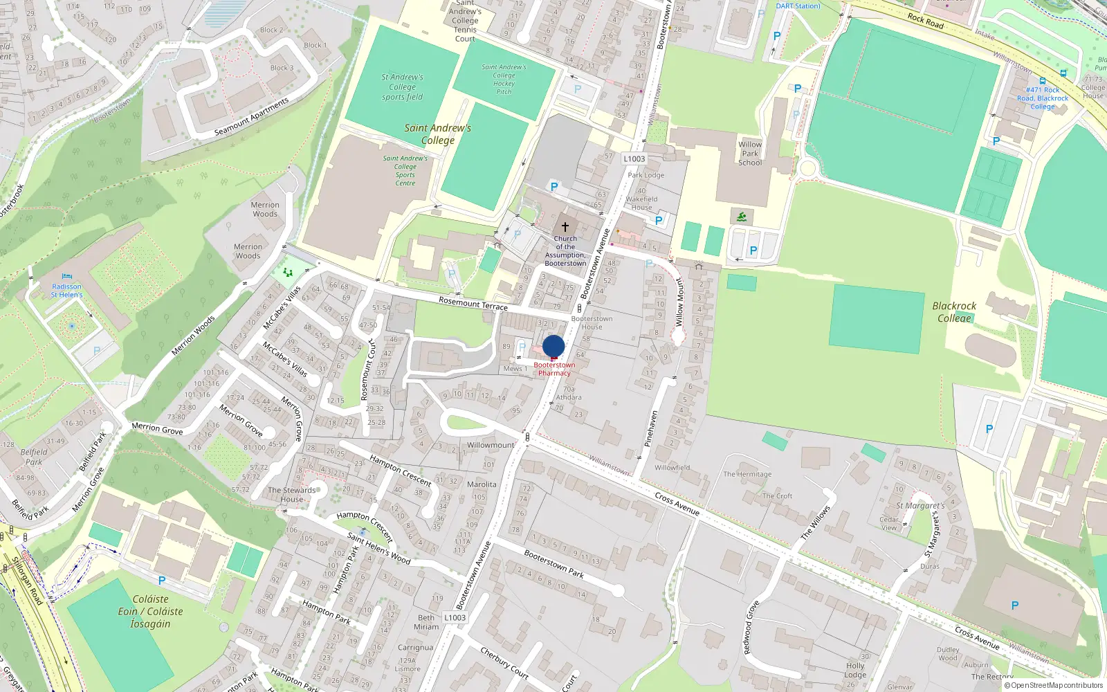 Overhead map showing the location of 85 Booterstown Avenue, Booterstown