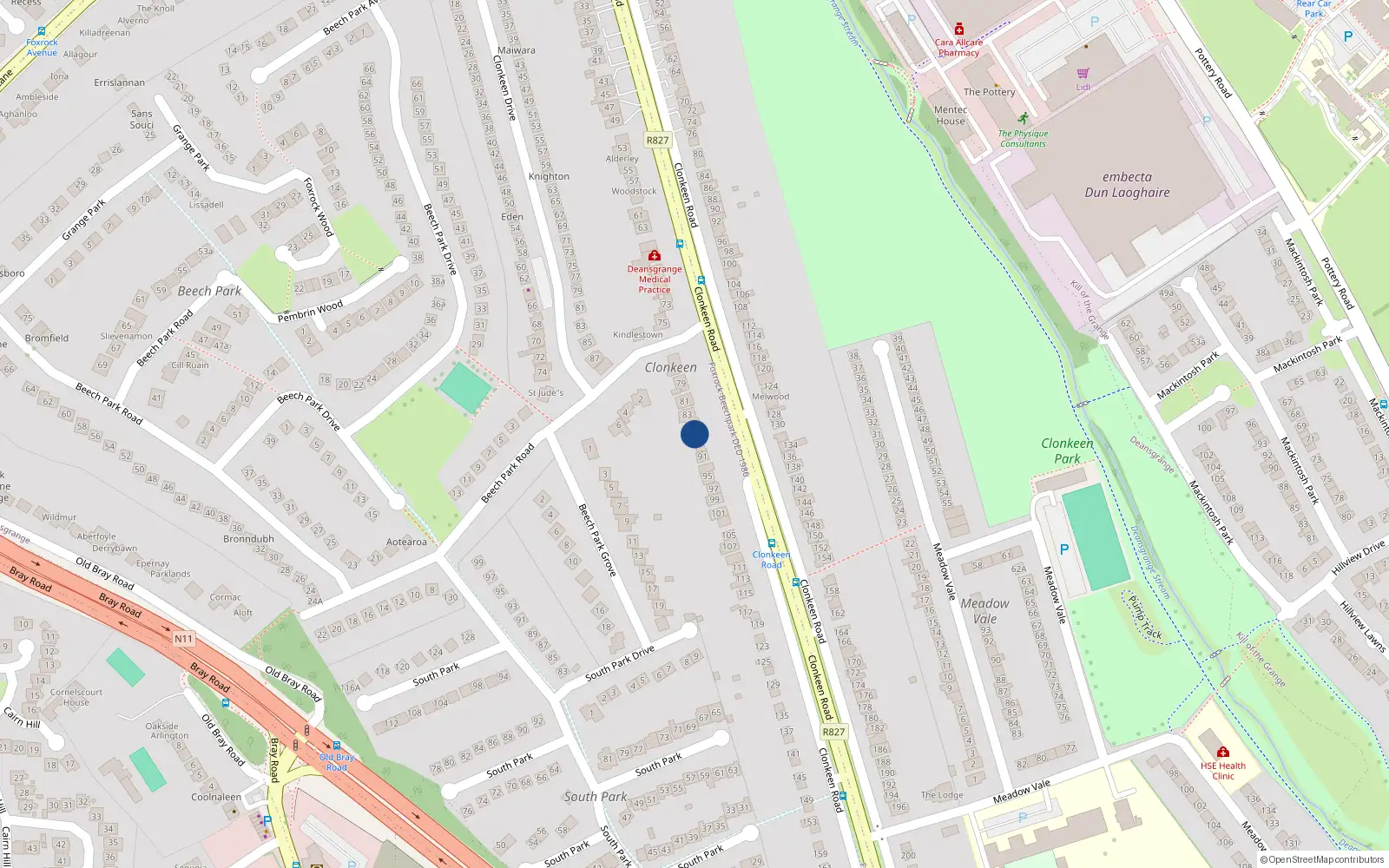 Overhead map showing the location of 85 Clonkeen Road, Blackrock, Dublin
