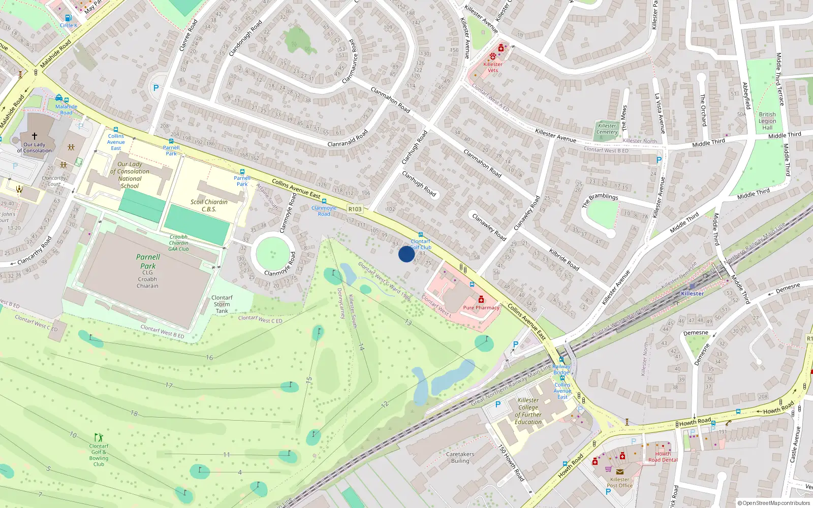 Overhead map showing the location of 85 Collins Avenue East, Dublin 5